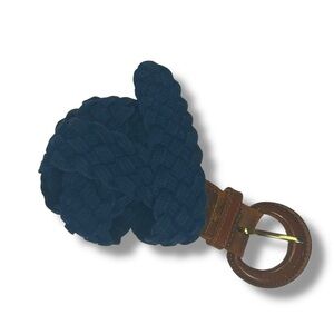 Vintage navy blue woven braided fabric and leather belt